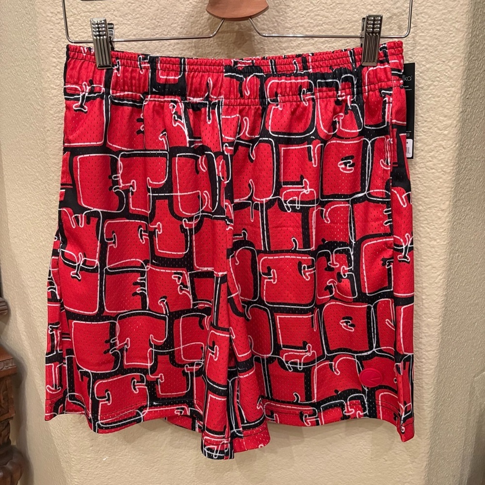 NWT~ETHIKA Red Black Off Set Scribble Design Basketball Shorts Size Medium